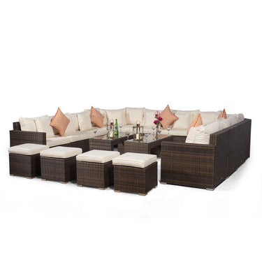 Santorini U Shape Modular 10 Seat Rattan Sofa Set With 2 Large Coffee Tables & 4 Stools - Brown