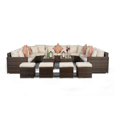 Santorini U Shape Modular 10 Seat Rattan Sofa Set With 2 Large Coffee Tables & 4 Stools - Brown
