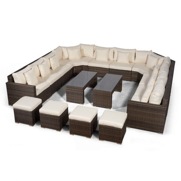 Santorini U Shape Modular 10 Seat Rattan Sofa Set With 2 Large Coffee Tables & 4 Stools - Brown