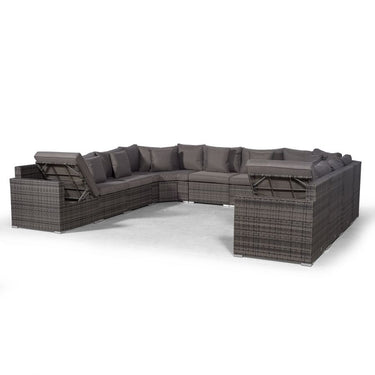 Santorini U Shape Modular 10 Seat Rattan Sofa Set With 2 Large Coffee Tables & 4 Stools - Grey