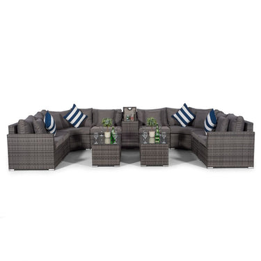 Santorini U Shape Modular 8 Seat Rattan Sofa Set With Armrest Drinks Cooler & 2 Coffee Tables - Grey
