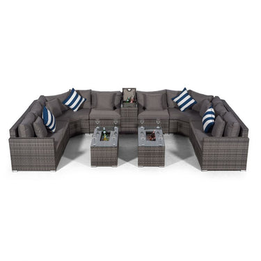 Santorini U Shape Modular 8 Seat Rattan Sofa Set With Armrest Drinks Cooler & 2 Drinks Cooler Coffee Tables - Grey