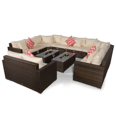 Santorini Modular 10 Seat Rattan Conversation Set With 2 Seater Sofa & 2 Drinks Cooler Coffee Tables - Brown