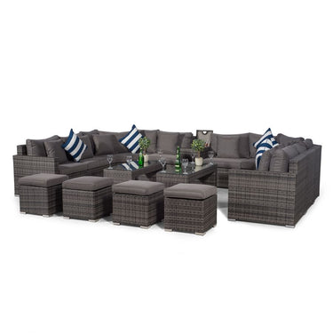 Santorini U Shape Modular 8 Seat Rattan Sofa Set With Armrest Drinks Cooler, 2 Coffee Tables & 4 Stools - Grey