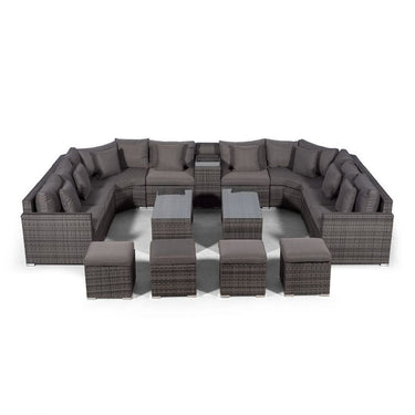 Santorini U Shape Modular 8 Seat Rattan Sofa Set With Armrest Drinks Cooler, 2 Coffee Tables & 4 Stools - Grey