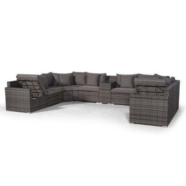 Santorini U Shape Modular 8 Seat Rattan Sofa Set With Armrest Drinks Cooler, 2 Coffee Tables & 4 Stools - Grey