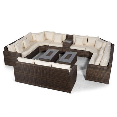 Santorini Modular 11 Seat Rattan Conversation Set With 3 Seater Sofa, Armrest Drinks Cooler & 2 Drinks Cooler Coffee Tables - Brown