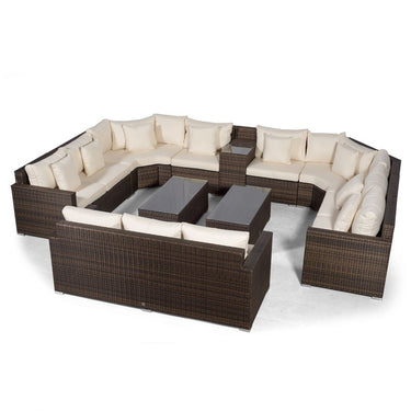 Santorini Modular 11 Seat Rattan Conversation Set With 3 Seater Sofa, Armrest Drinks Cooler & 2 Coffee Tables - Brown