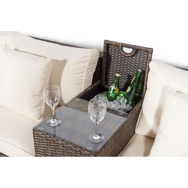 Santorini Modular 11 Seat Rattan Conversation Set With 3 Seater Sofa, Armrest Drinks Cooler & 2 Coffee Tables - Brown
