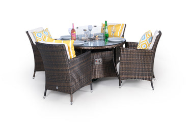 Savannah Fire Pit 4 Seater Round Rattan Dining Set - Brown