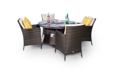 Savannah Fire Pit 4 Seater Round Rattan Dining Set - Brown
