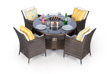Savannah Fire Pit 4 Seater Round Rattan Dining Set - Brown