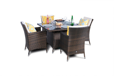 Savannah Fire Pit 4 Seater Square Rattan Dining Set - Brown