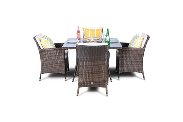 Savannah Fire Pit 4 Seater Square Rattan Dining Set - Brown