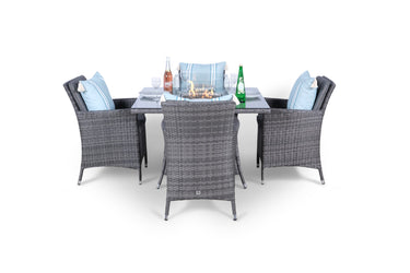 Savannah Fire Pit 4 Seater Square Rattan Dining Set - Grey