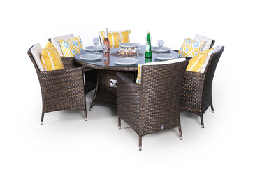 Savannah Fire Pit 6 Seater Round Rattan Dining Set - Brown