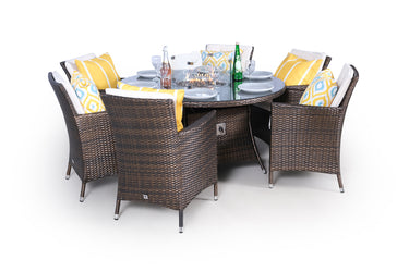 Savannah Fire Pit 6 Seater Round Rattan Dining Set - Brown