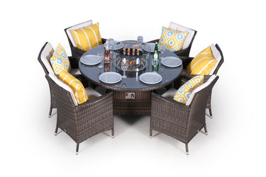 Savannah Fire Pit 6 Seater Round Rattan Dining Set - Brown