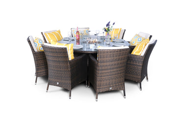 Savannah Fire Pit 8 Seater Round Rattan Dining Set - Brown