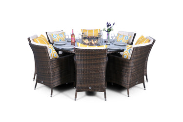 Savannah Fire Pit 8 Seater Round Rattan Dining Set - Brown