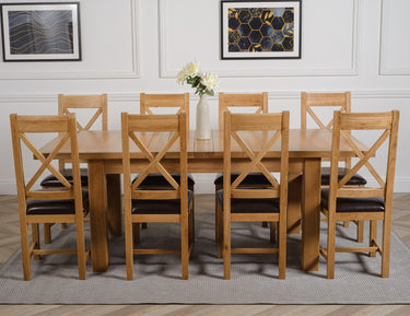 Seattle Oak Extending Dining Table with 8 Berkeley Oak and Brown Leather Chairs