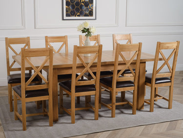 Seattle Oak Extending Dining Table with 8 Berkeley Oak and Brown Leather Chairs