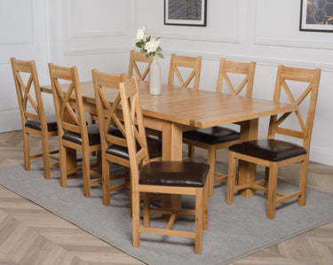 Seattle Oak Extending Dining Table with 8 Berkeley Oak and Brown Leather Chairs