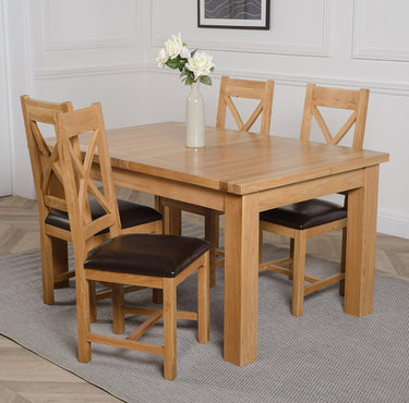 Seattle Oak Extending Dining Table with 4 Berkeley Oak and Brown Leather Chairs