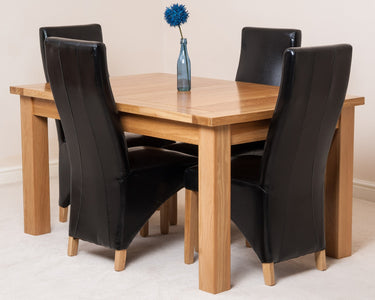 Seattle Oak Extending Dining Table with 4 Lola Black Leather Chairs