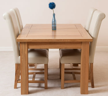 Seattle Oak Extending Dining Table with 4 Washington Ivory Leather Chairs