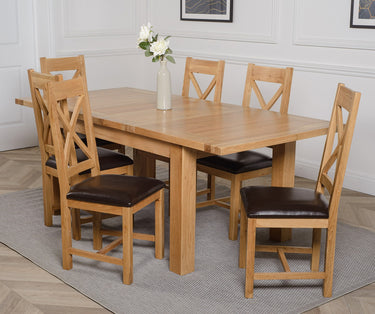 Seattle Oak Extending Dining Table with 6 Berkeley Oak and Brown Leather Chairs