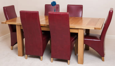 Seattle Oak Extending Dining Table with 6 Lola Burgundy Leather Chairs