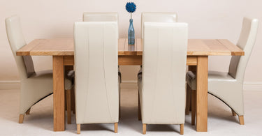 Seattle Oak Extending Dining Table with 6 Lola Ivory Leather Chairs