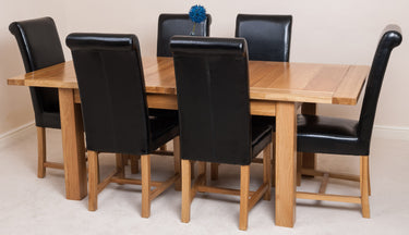 Seattle Oak Extending Dining Table with 6 Washington Black Leather Chairs