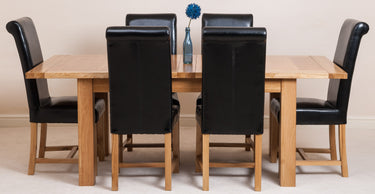 Seattle Oak Extending Dining Table with 6 Washington Black Leather Chairs