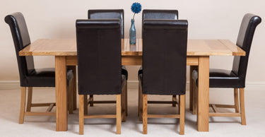 Seattle Oak Extending Dining Table with 6 Washington Brown Leather Chairs