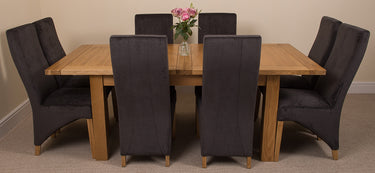 Seattle Oak Extending Dining Table with 8 Lola Black Fabric Chairs