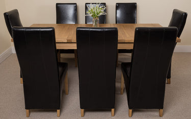 Seattle Oak Extending Dining Table with 8 Lola Black Leather Chairs