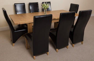 Seattle Oak Extending Dining Table with 8 Lola Black Leather Chairs