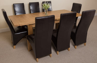 Seattle Oak Extending Dining Table with 8 Lola Brown Leather Chairs