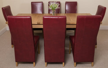 Seattle Oak Extending Dining Table with 8 Lola Burgundy Leather Chairs