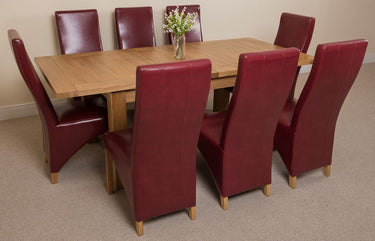 Seattle Oak Extending Dining Table with 8 Lola Burgundy Leather Chairs