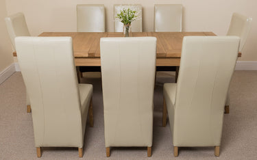 Seattle Oak Extending Dining Table with 8 Lola Ivory Leather Chairs