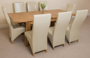 Seattle Oak Extending Dining Table with 8 Lola Ivory Leather Chairs
