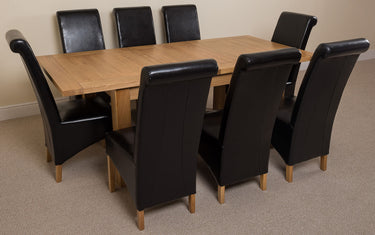 Seattle Oak Extending Dining Table with 8 Montana Black Leather Chairs