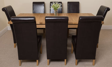 Seattle Oak Extending Dining Table with 8 Montana Brown Leather Chairs