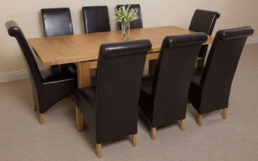 Seattle Oak Extending Dining Table with 8 Montana Brown Leather Chairs