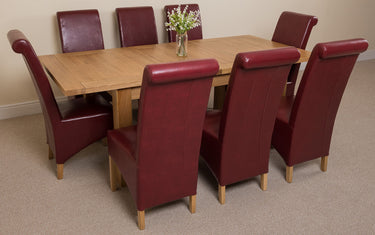Seattle Oak Extending Dining Table with 8 Montana Burgundy Leather Chairs