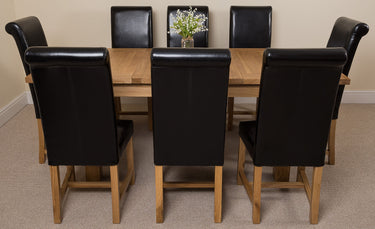 Seattle Oak Extending Dining Table with 8 Washington Black Leather Chairs