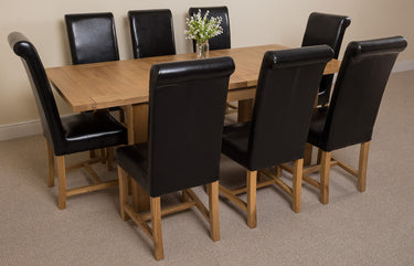 Seattle Oak Extending Dining Table with 8 Washington Black Leather Chairs